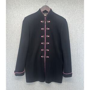 St. John Vintage Knit Sweater Decorative Buttons Black Long Jacket Pink Edge 2